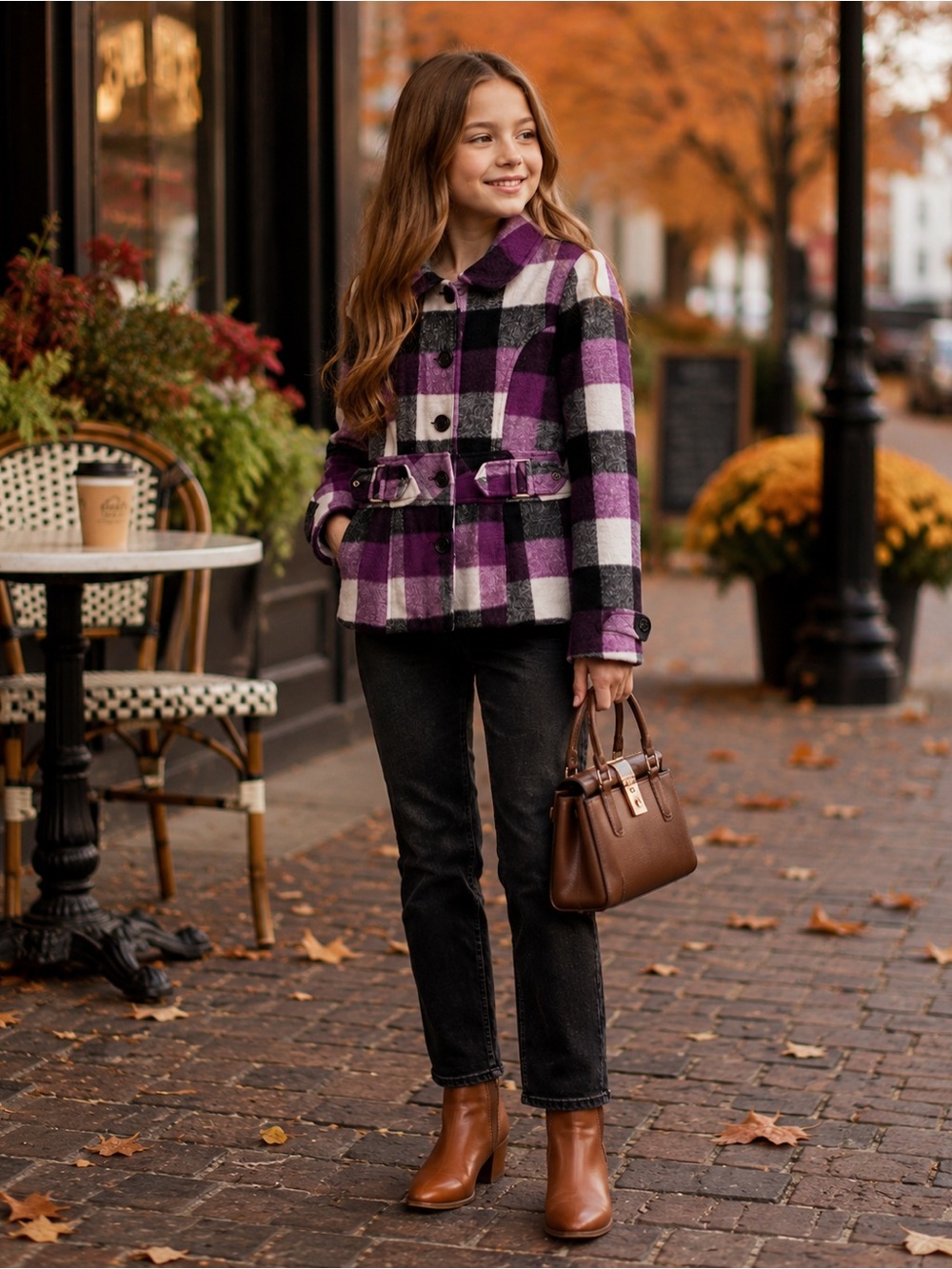IZ Byer Purple Plaid Belted Peacoat Jacket Black White Y2K